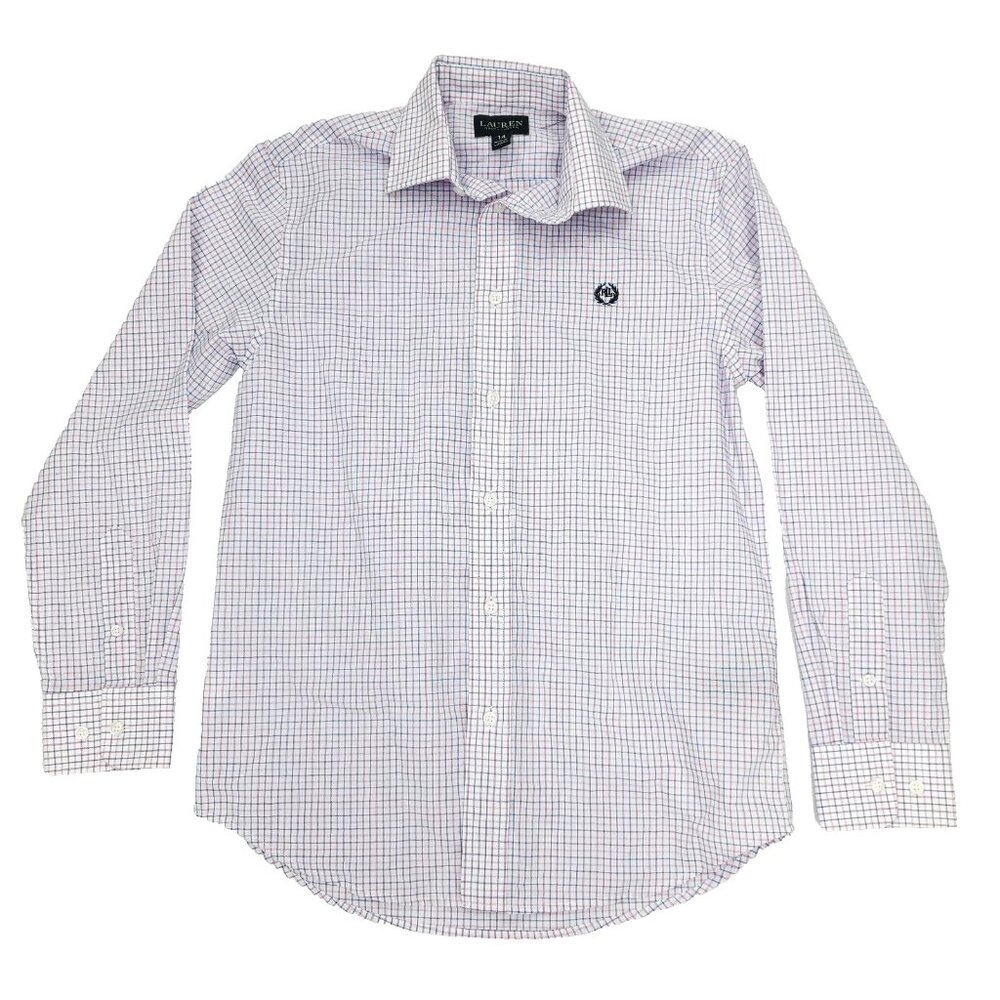 Lauren Ralph Button Shirt Boys 14 Pink Blue Plaid Long Sleeve